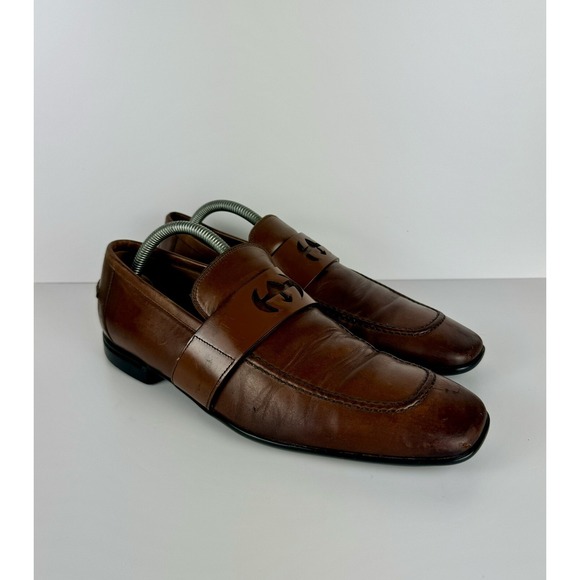 Gucci Men's‎ Brown Leather Mila Wimbledon Logo Loafers Size 6.5 Shoes - Picture 1 of 9